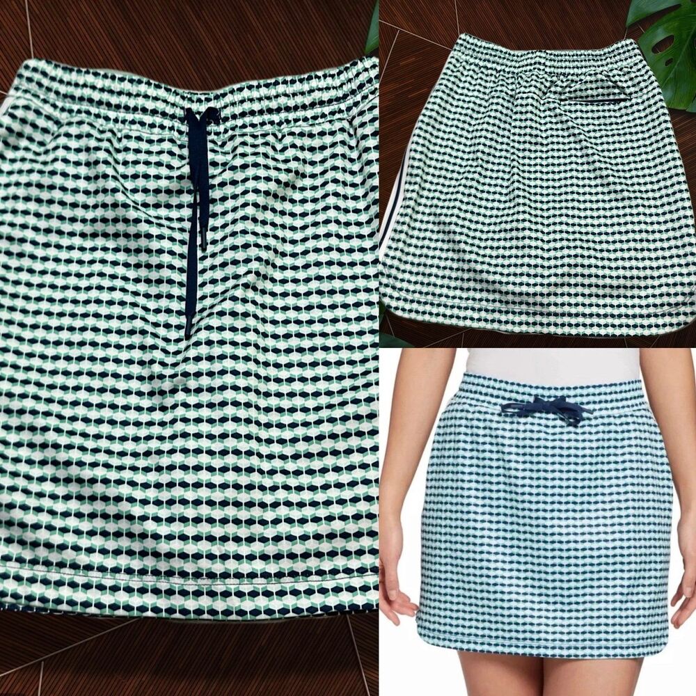 Women's Athletic Skort Green White Geometric Print Drawstring Waist
